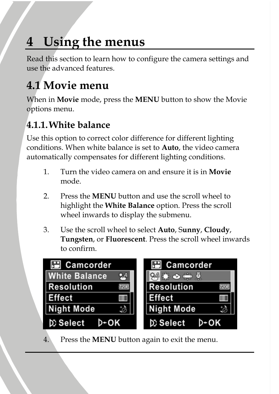 Using the menus, Movie menu, White balance | 4 using the menus, 1 movie menu | DXG Technology DXG-517V HD User Manual | Page 48 / 84