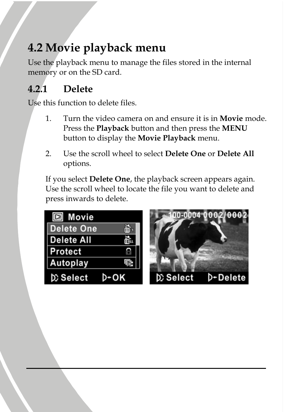 Movie playback menu, Delete, 2 movie playback menu | 1 delete | DXG Technology DXG-517V HD User Manual | Page 54 / 84