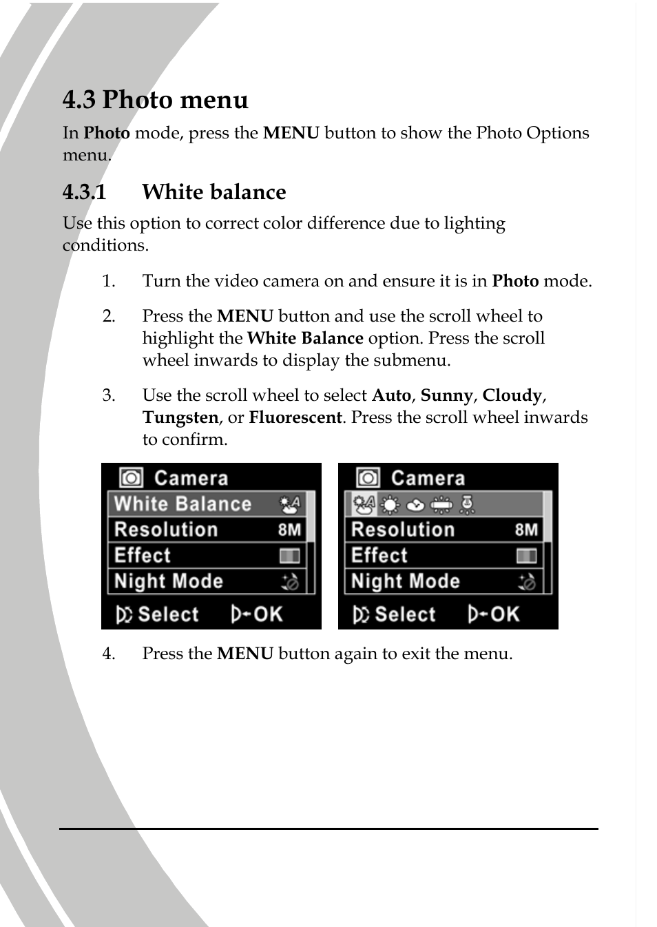 Photo menu, White balance, 3 photo menu | 1 white balance | DXG Technology DXG-517V HD User Manual | Page 58 / 84