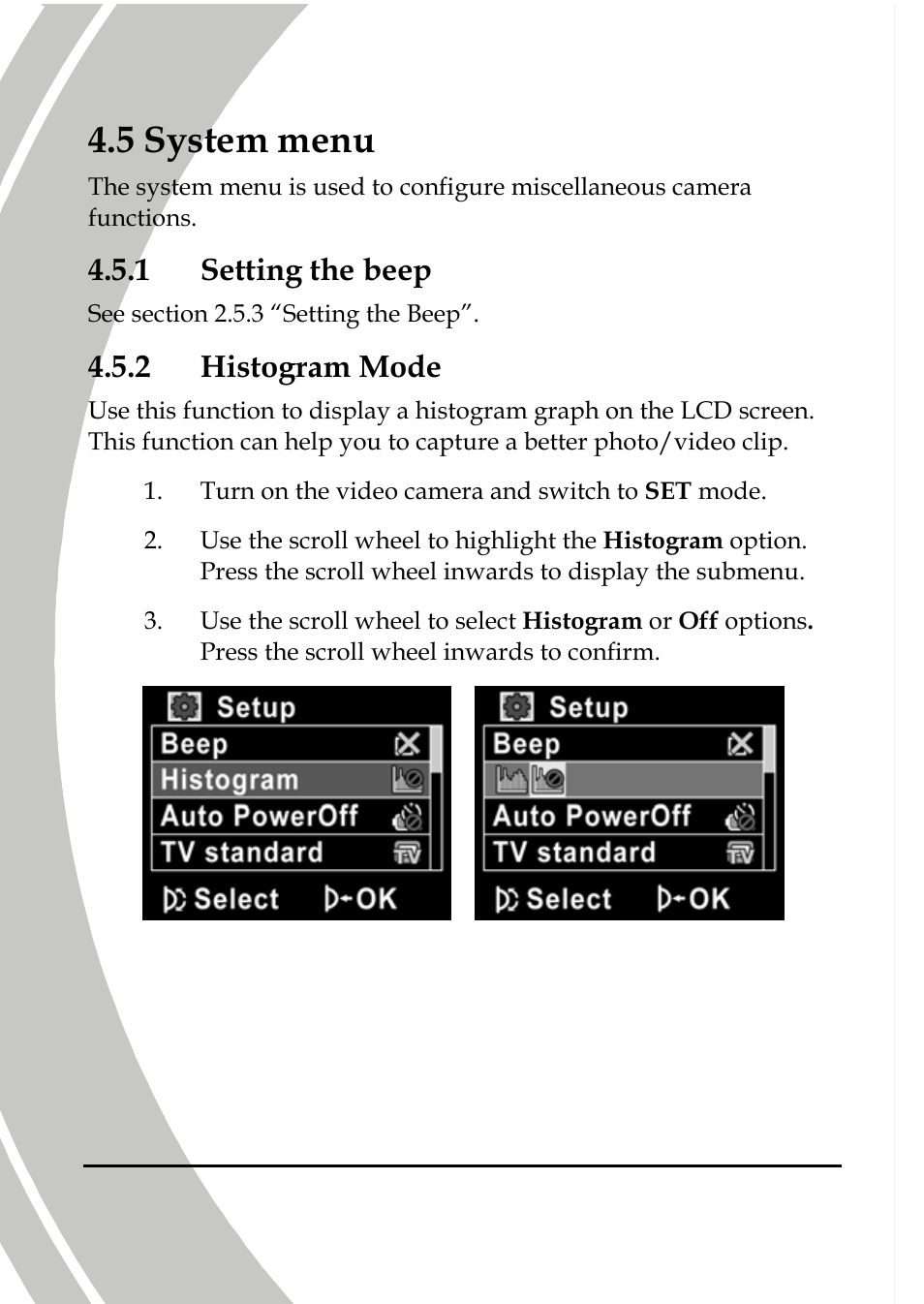 System menu, Setting the beep, Histogram mode | 5 system menu, 1 setting the beep, 2 histogram mode | DXG Technology DXG-517V HD User Manual | Page 68 / 84