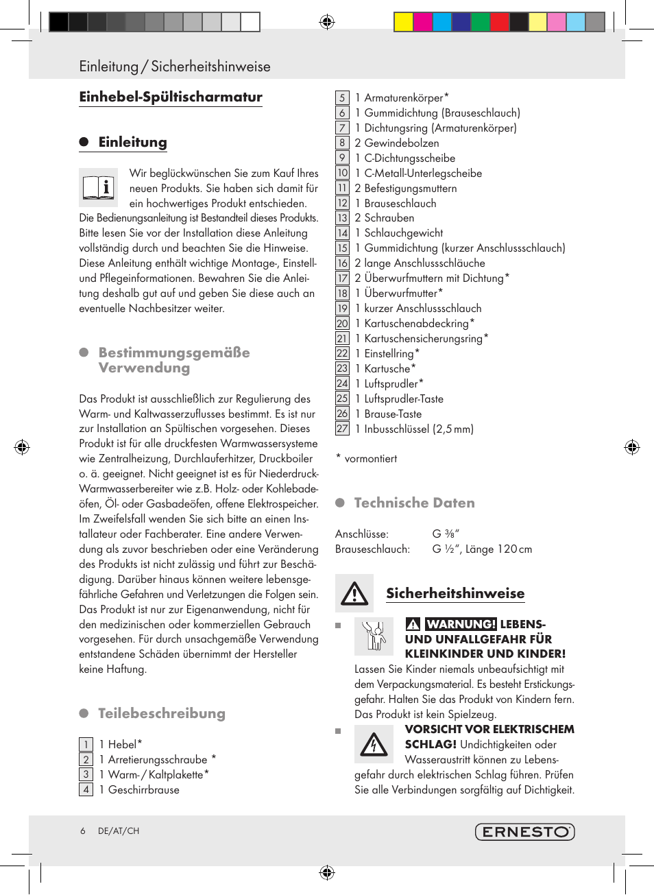 Einleitung / sicherheitshinweise, Einhebel-spültischarmatur einleitung, Bestimmungsgemäße verwendung | Teilebeschreibung, Technische daten, Sicherheitshinweise | Ernesto Kitchen Mixer Tap User Manual | Page 6 / 41