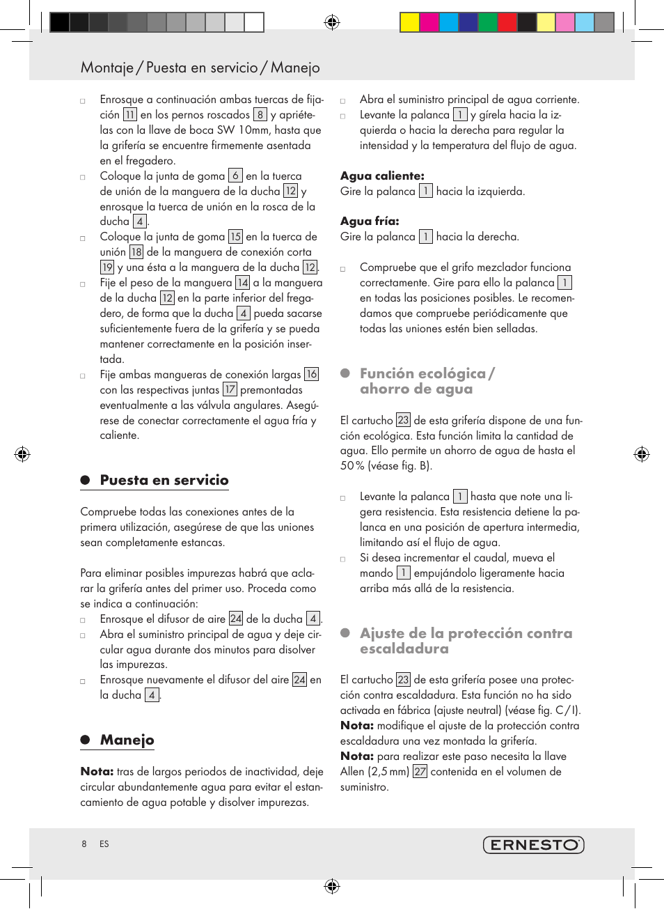 Montaje / puesta en servicio / manejo, Puesta en servicio, Manejo | Función ecológica / ahorro de agua, Ajuste de la protección contra escaldadura | Ernesto Kitchen Mixer Tap User Manual | Page 8 / 42