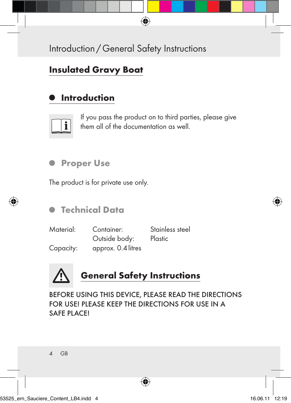 Introduction / general safety instructions, Insulated gravy boat introduction, Proper use | Technical data, General safety instructions | Ernesto Z31029 User Manual | Page 2 / 44