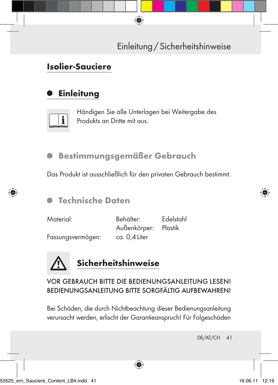 Einleitung / sicherheitshinweise, Isolier-sauciere einleitung, Bestimmungsgemäßer gebrauch | Technische daten, Sicherheitshinweise | Ernesto Z31029 User Manual | Page 39 / 44