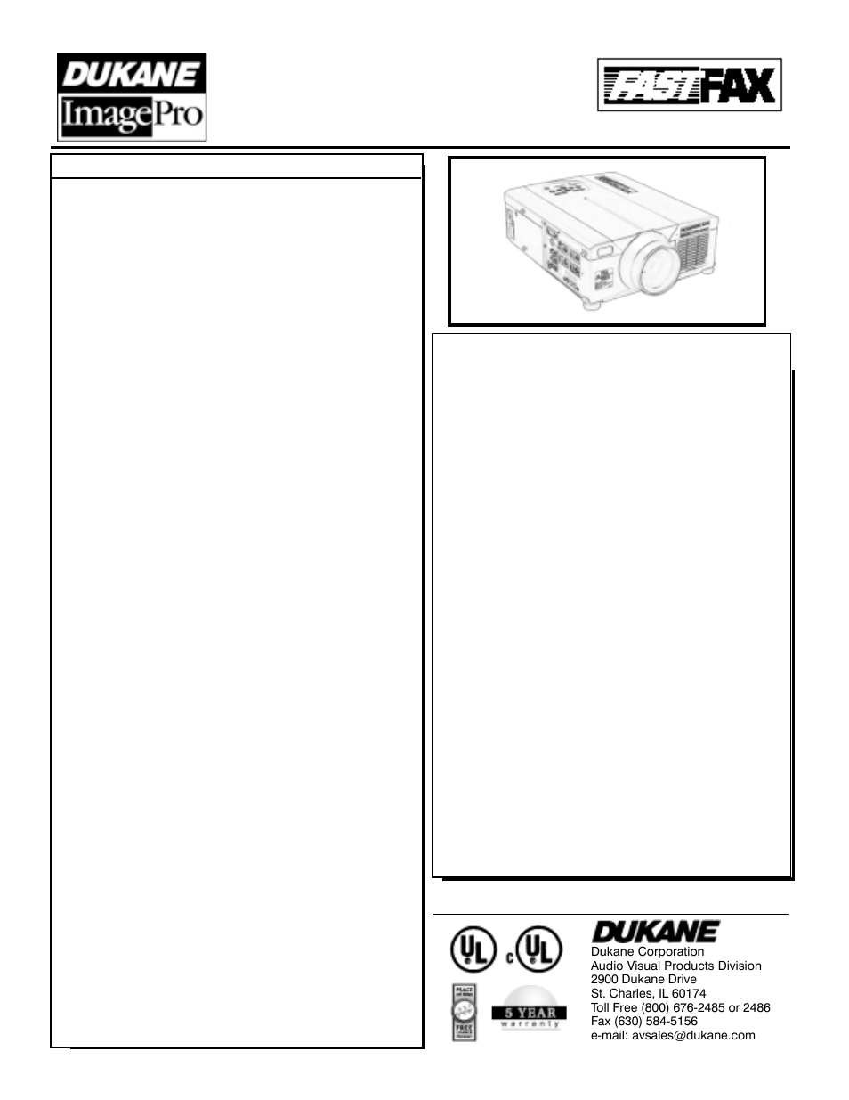 Specifications, Audio visual products | Dukane ImagePro 8909 User Manual | Page 2 / 2