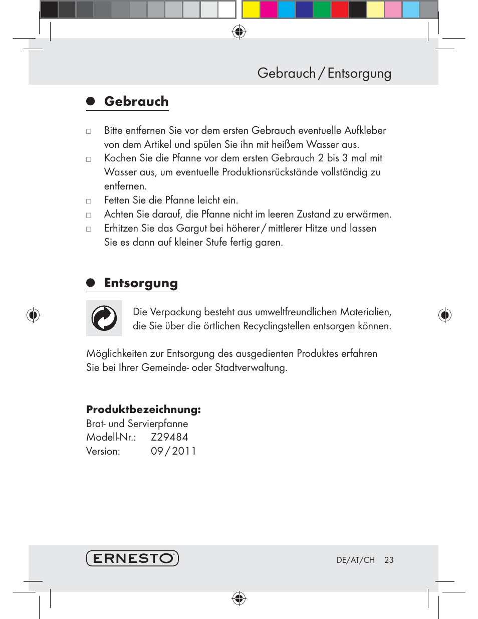 Gebrauch / entsorgung, Gebrauch, Entsorgung | Ernesto Z29484 User Manual | Page 23 / 25