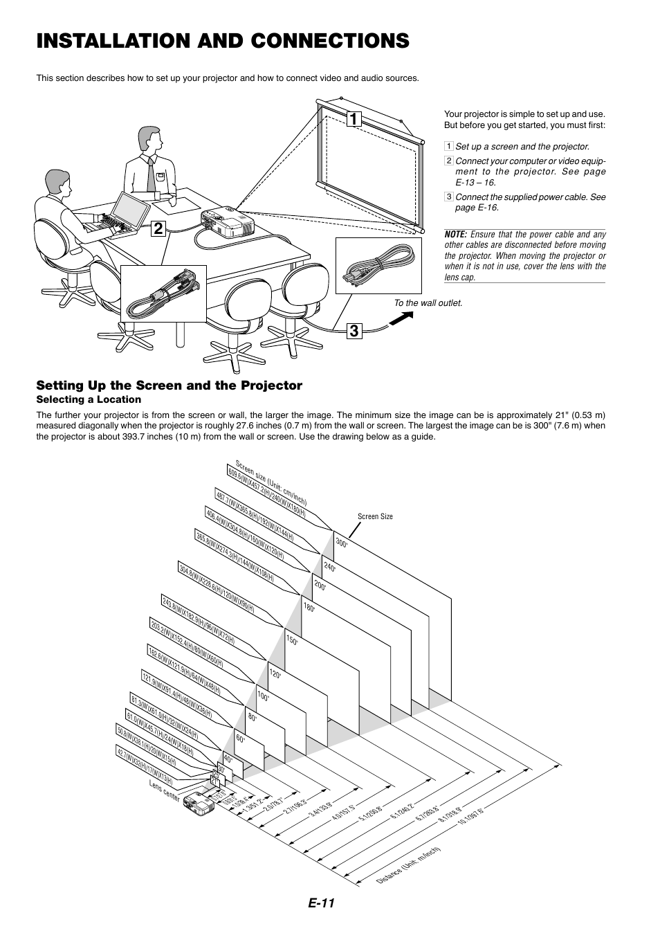 Installation and connections, E-11, Setting up the screen and the projector | Dukane 8767 User Manual | Page 11 / 40