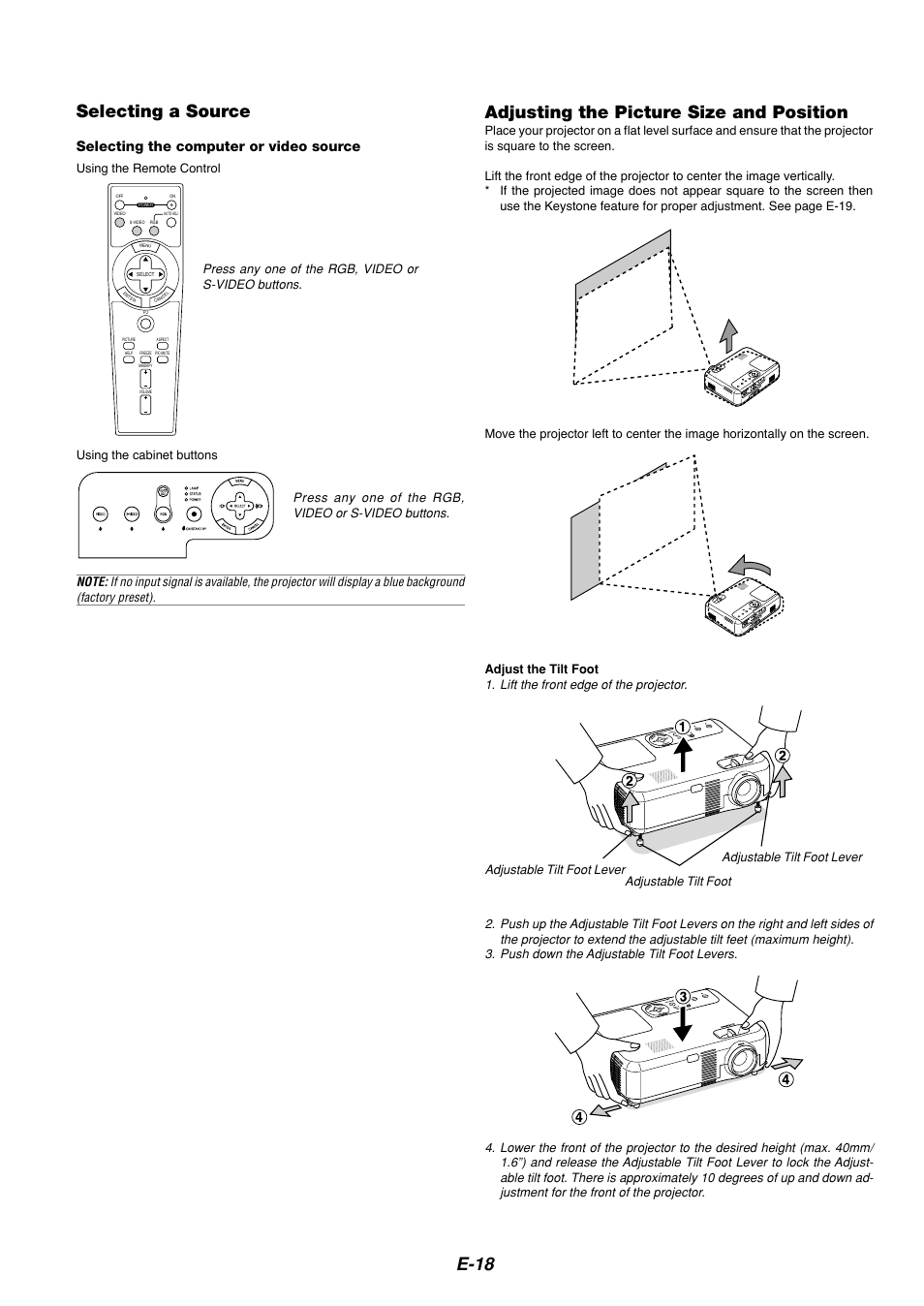 E-18 selecting a source, Adjusting the picture size and position, Selecting the computer or video source | Press any one of the rgb, video or s-video buttons, Using the remote control, Using the cabinet buttons | Dukane 8767 User Manual | Page 18 / 40