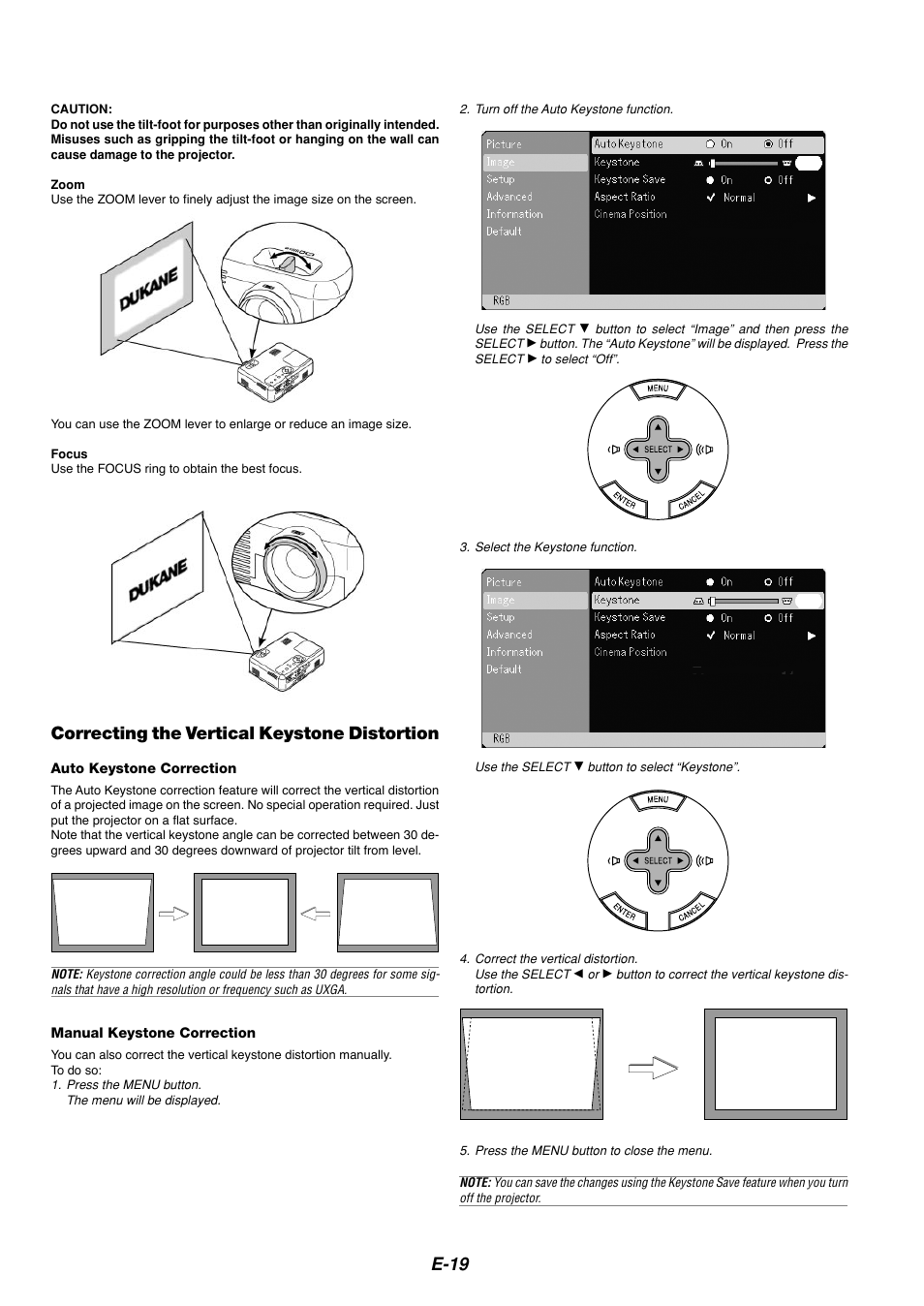 E-19, Correcting the vertical keystone distortion | Dukane 8767 User Manual | Page 19 / 40