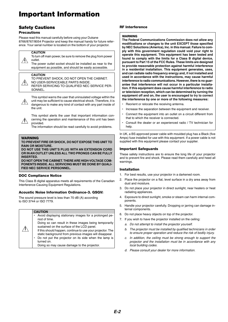 Important information, E-2 safety cautions | Dukane 8767 User Manual | Page 2 / 40
