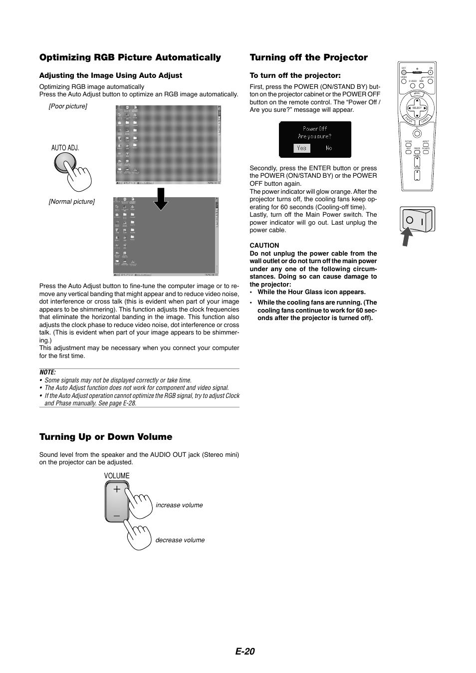 E-20 optimizing rgb picture automatically, Turning up or down volume, Turning off the projector | Auto adj, Volume, Adjusting the image using auto adjust, Poor picture] [normal picture, Increase volume decrease volume | Dukane 8767 User Manual | Page 20 / 40