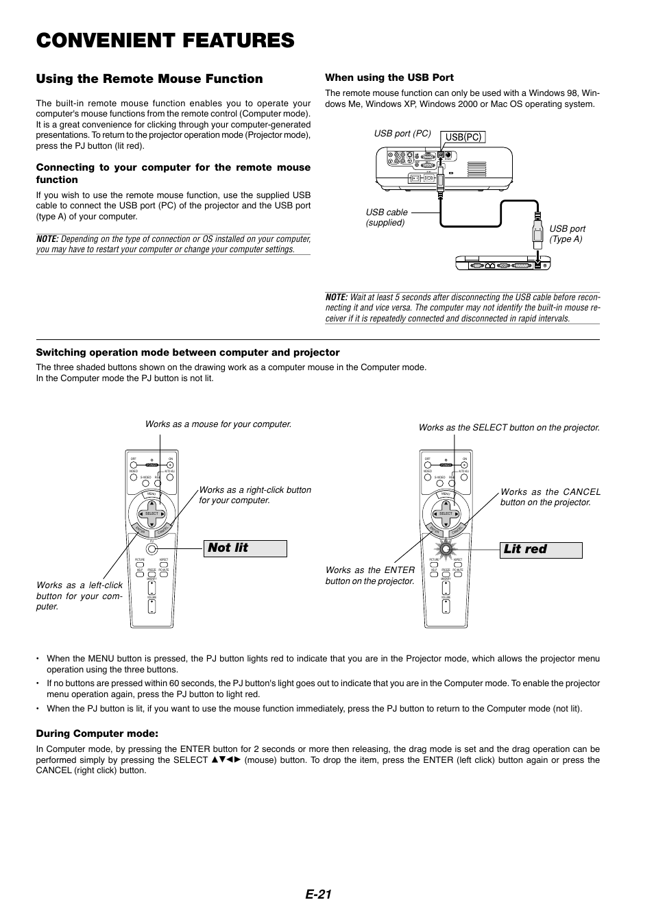 Convenient features, E-21, Using the remote mouse function | Not lit, Lit red, When using the usb port, During computer mode, Usb cable (supplied) | Dukane 8767 User Manual | Page 21 / 40