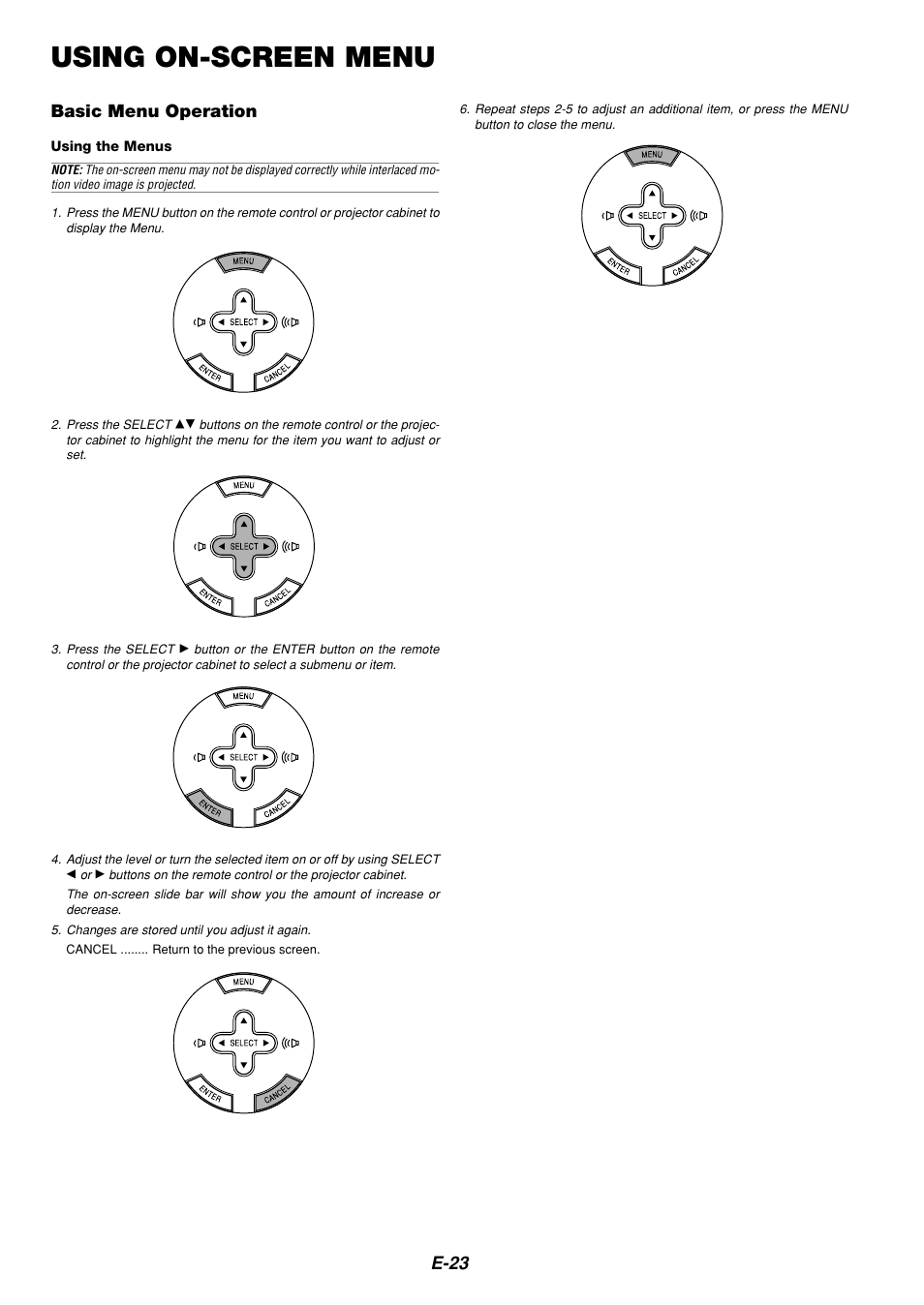 Using on-screen menu, E-23, Basic menu operation | Dukane 8767 User Manual | Page 23 / 40