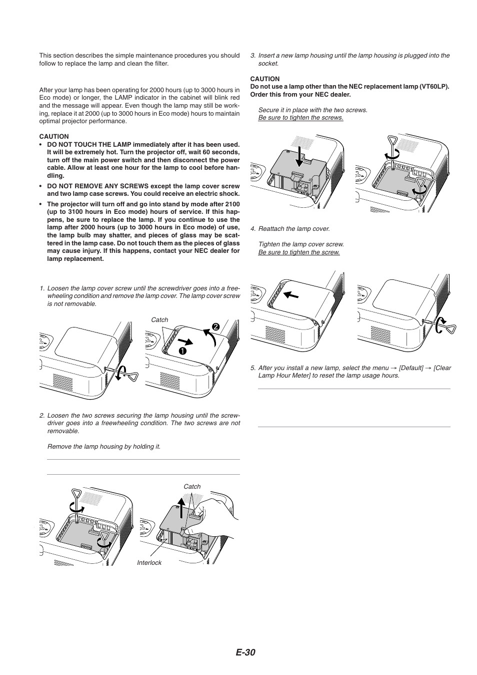 Maintenance, E-30, Replacing the lamp | Dukane 8767 User Manual | Page 30 / 40