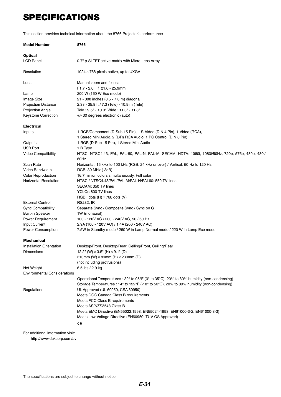 Specifications, E-34 | Dukane 8767 User Manual | Page 34 / 40