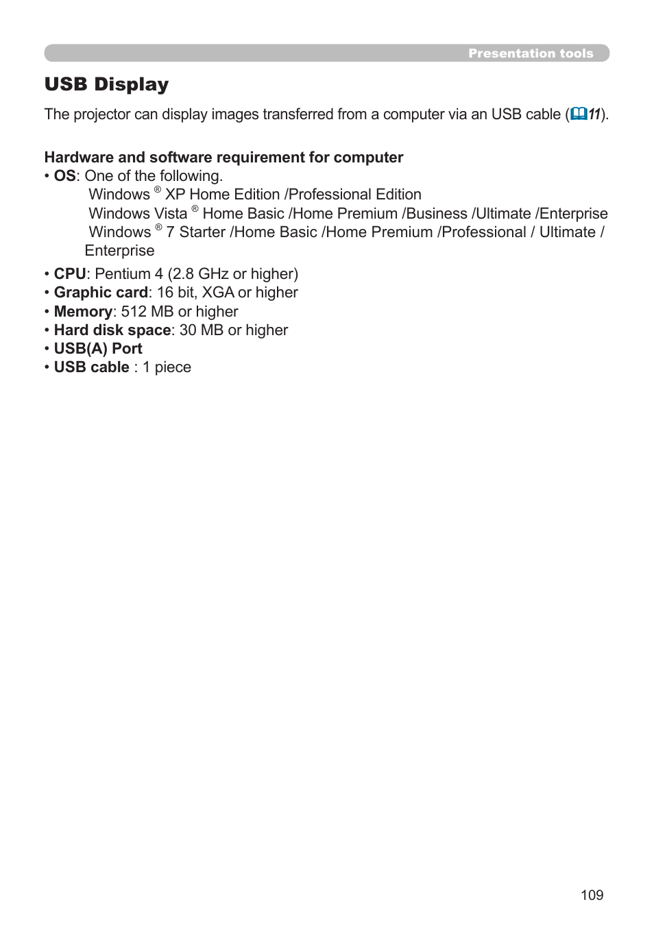 Usb display | Dukane Projector 976SX User Manual | Page 109 / 128