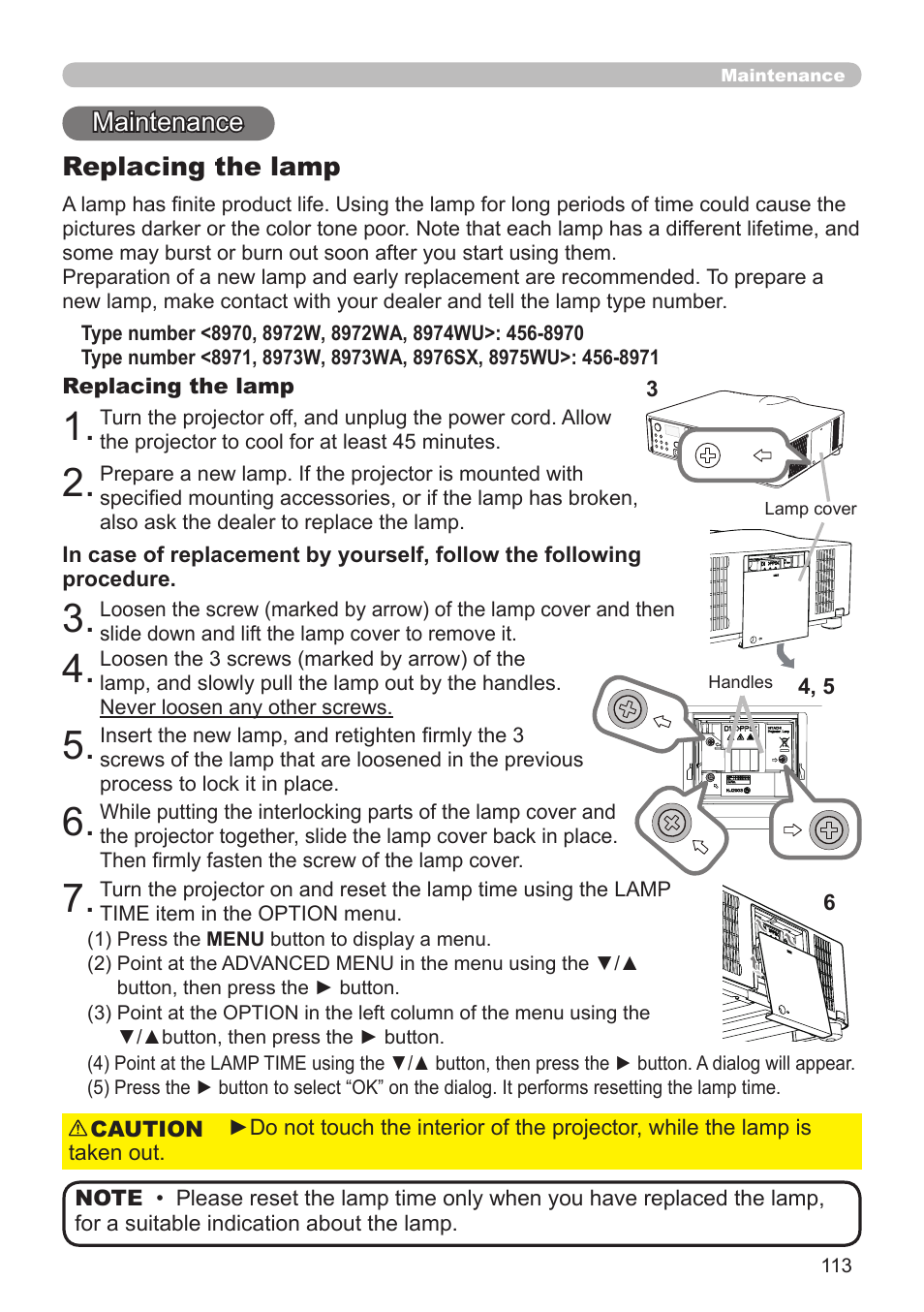 Maintenance, Replacing the lamp | Dukane Projector 976SX User Manual | Page 113 / 128