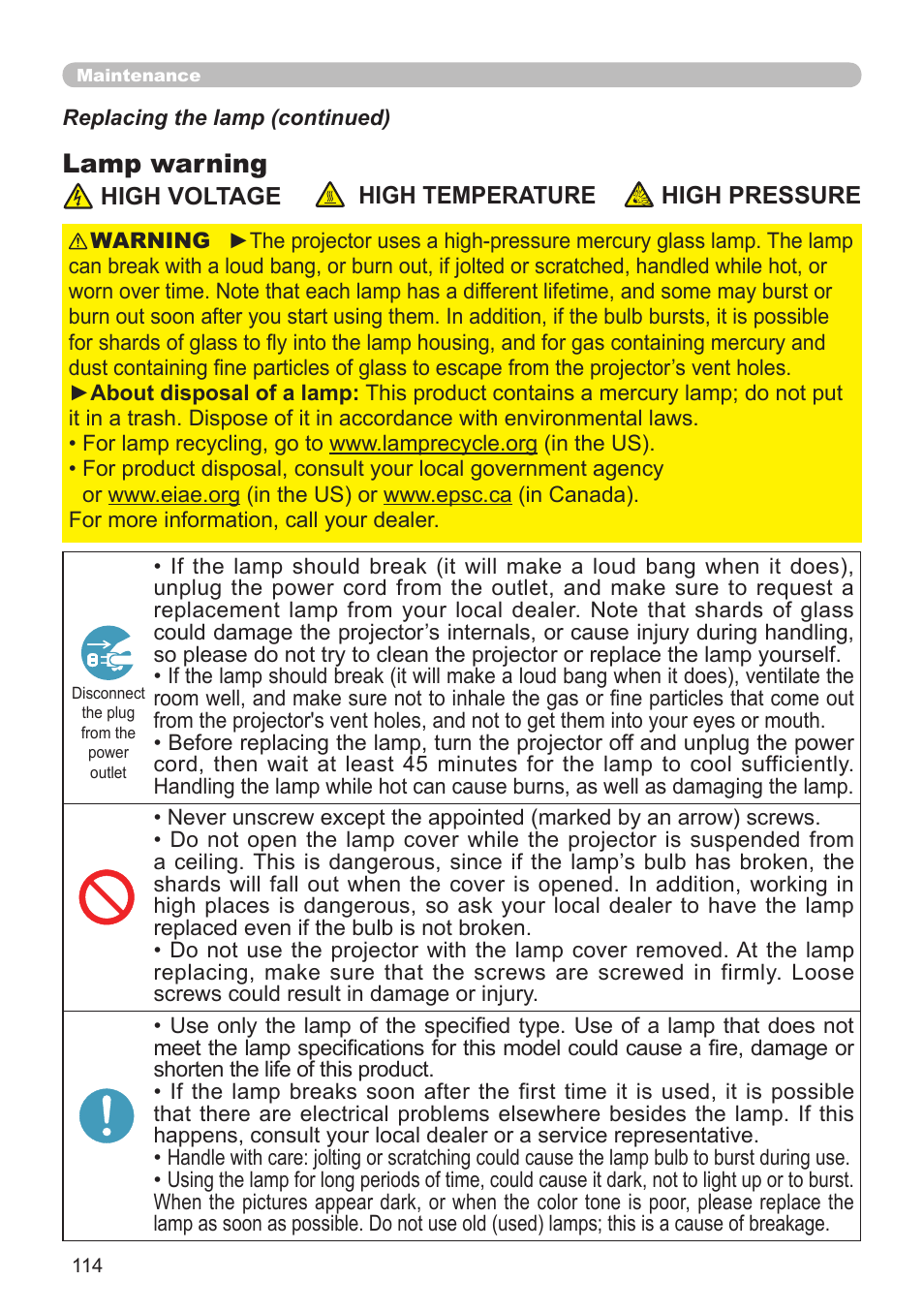 Lamp warning | Dukane Projector 976SX User Manual | Page 114 / 128