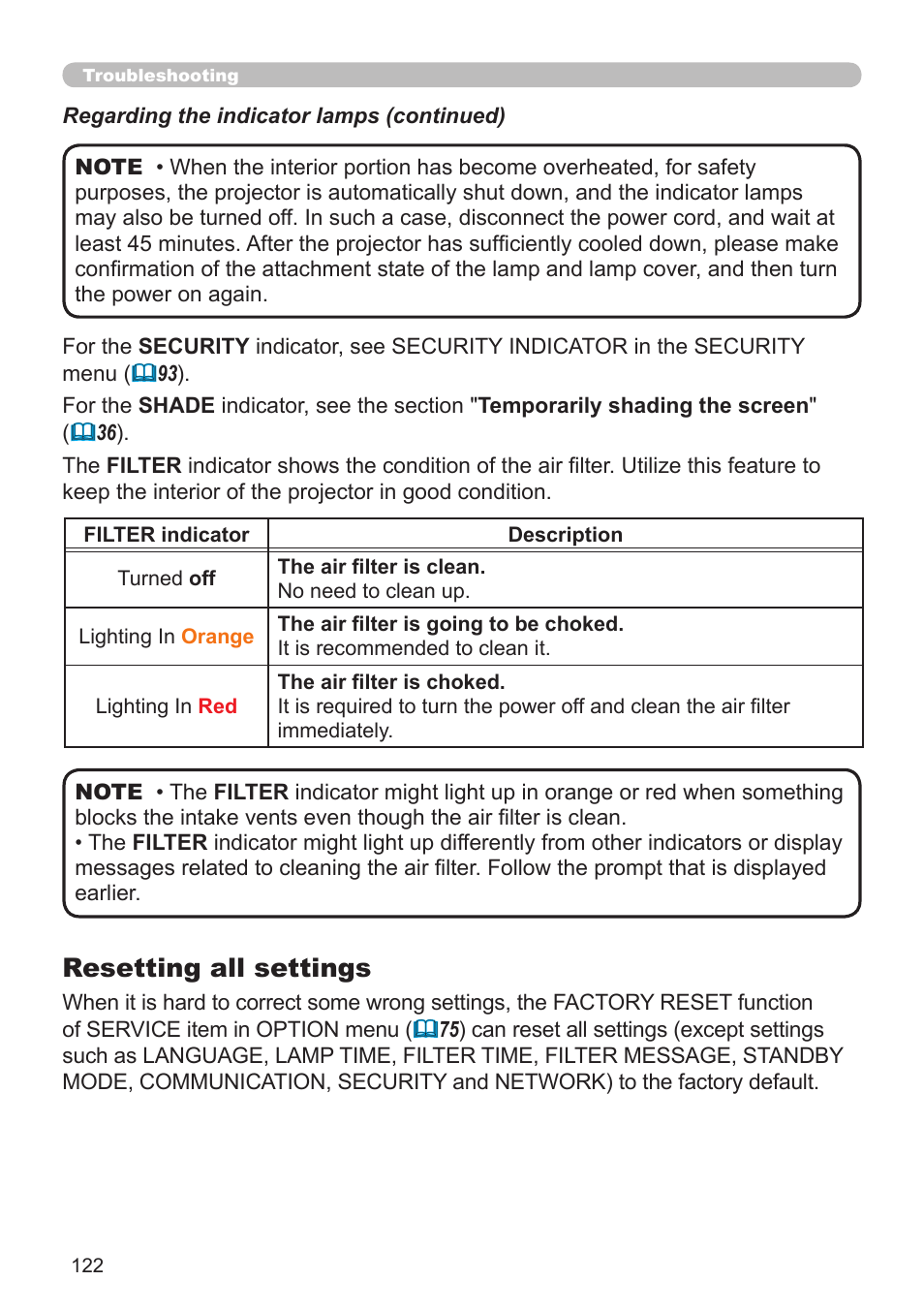 Resetting all settings | Dukane Projector 976SX User Manual | Page 122 / 128