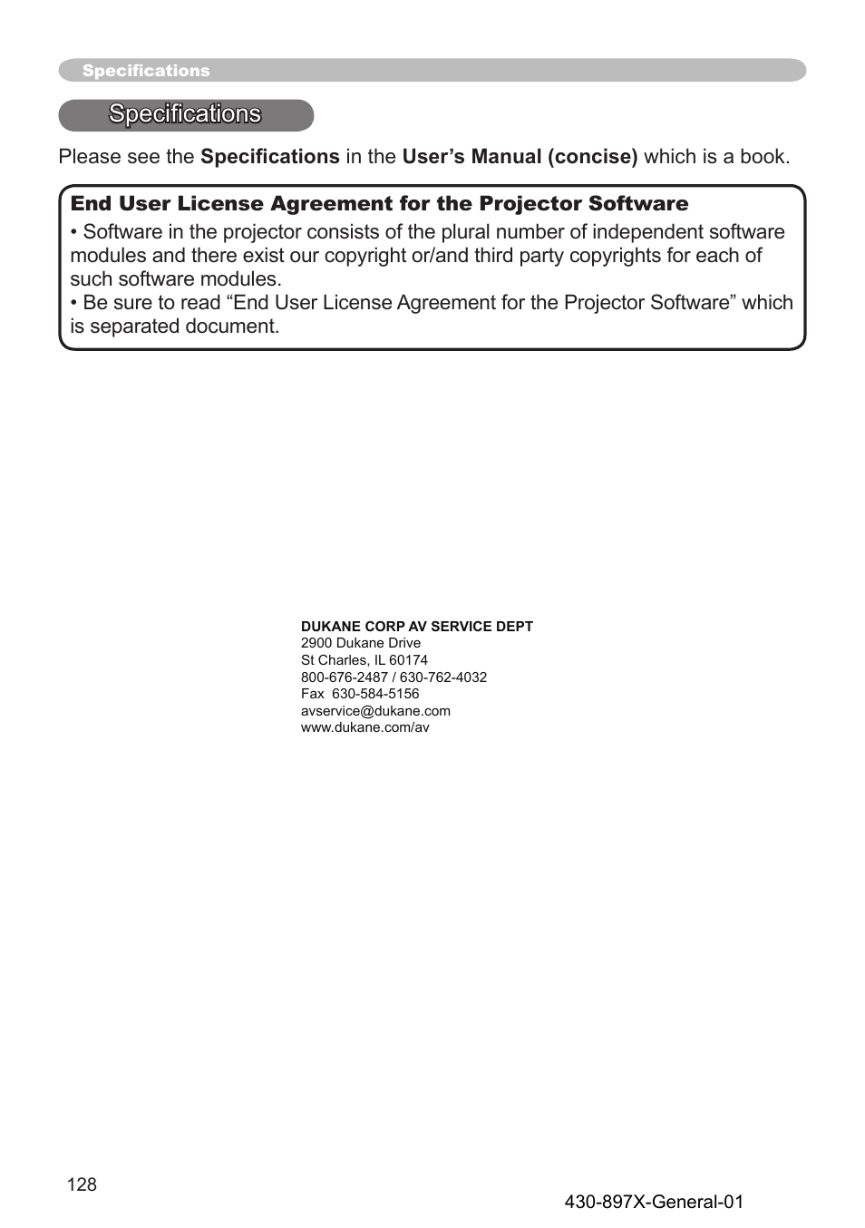 Specifications | Dukane Projector 976SX User Manual | Page 128 / 128