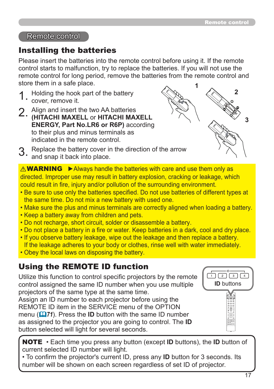 Remote control installing the batteries, Using the remote id function | Dukane Projector 976SX User Manual | Page 17 / 128