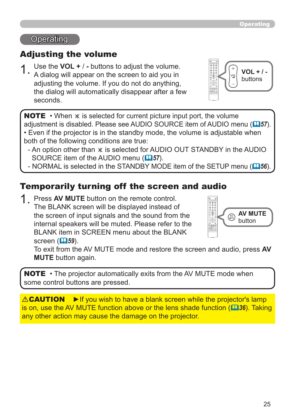 Operating, Adjusting the volume, Temporarily turning off the screen and audio | Dukane Projector 976SX User Manual | Page 25 / 128