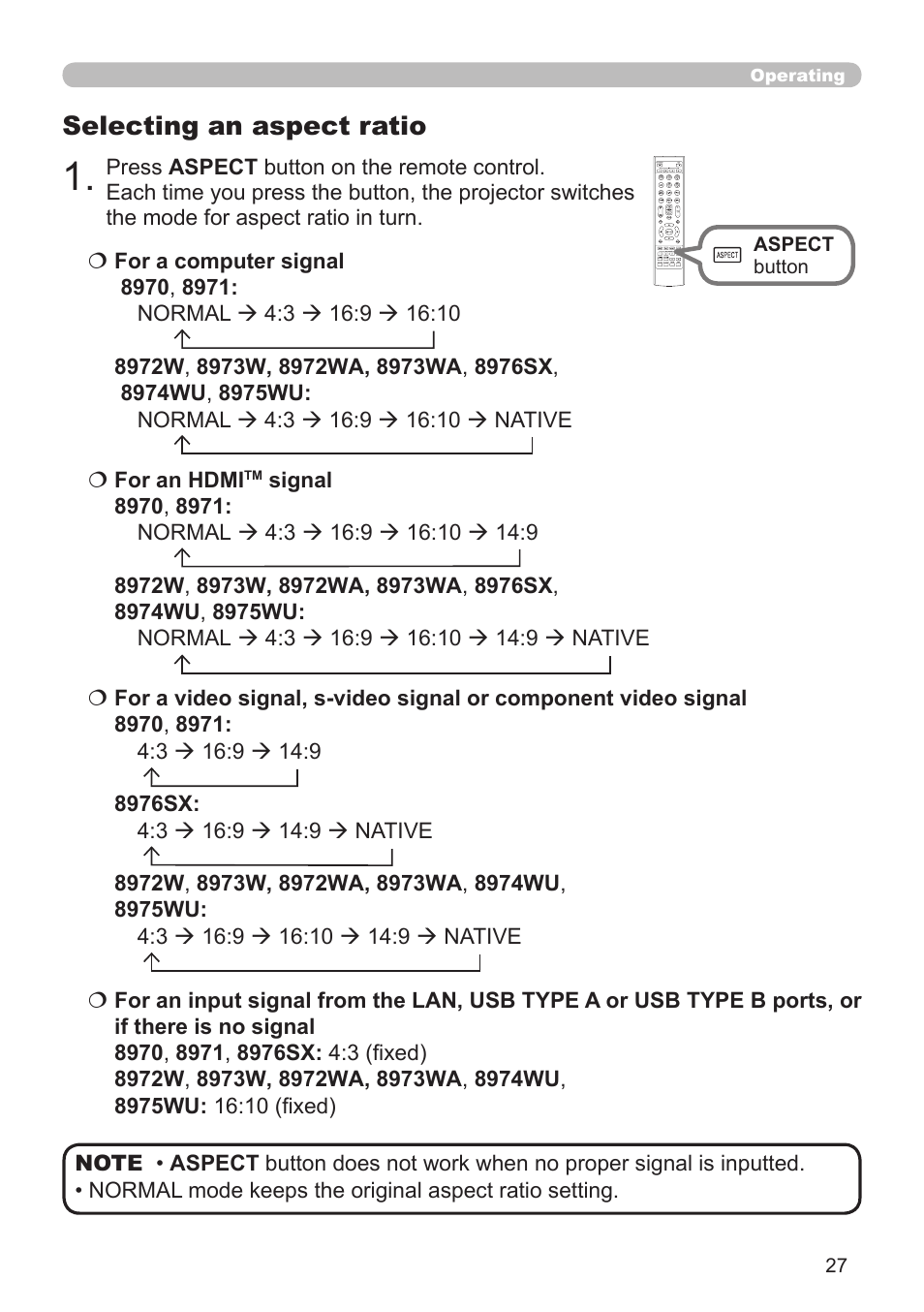 Selecting an aspect ratio | Dukane Projector 976SX User Manual | Page 27 / 128