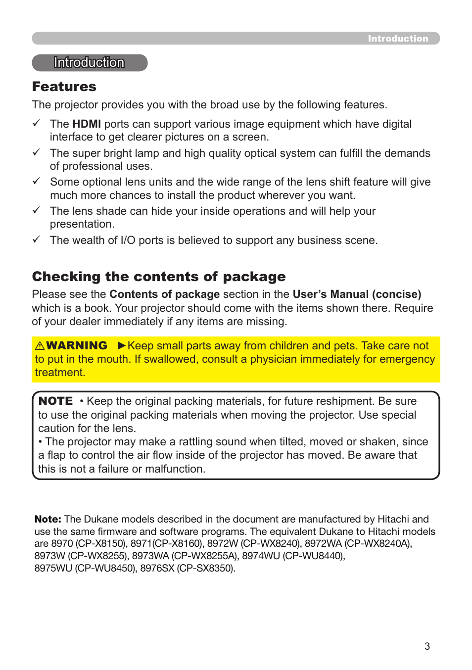 Introduction, Checking the contents of package, Features | Dukane Projector 976SX User Manual | Page 3 / 128