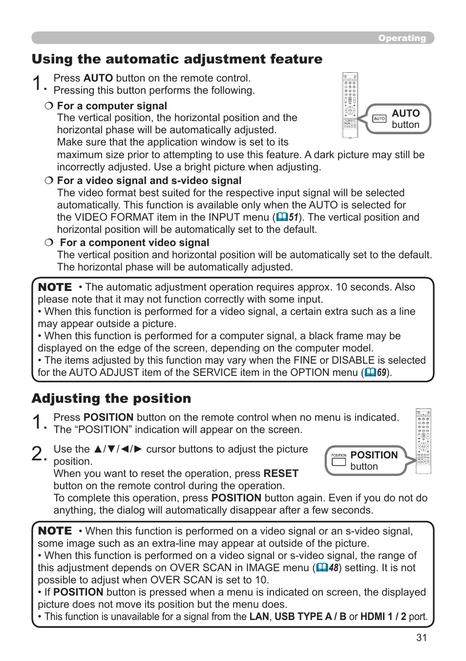 Adjusting the position, Using the automatic adjustment feature | Dukane Projector 976SX User Manual | Page 31 / 128