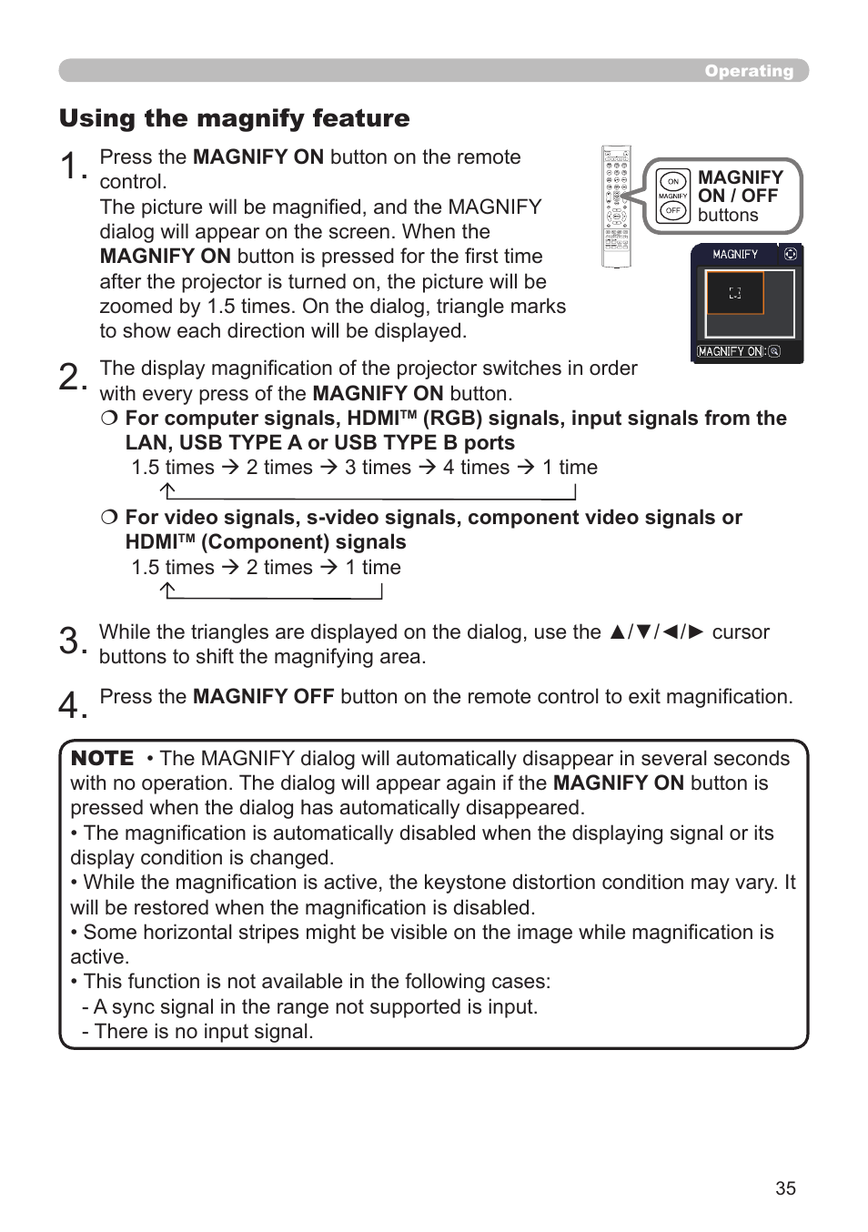 Using the magnify feature | Dukane Projector 976SX User Manual | Page 35 / 128