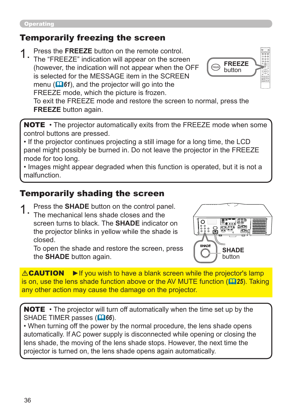 Temporarily shading the screen, Temporarily freezing the screen | Dukane Projector 976SX User Manual | Page 36 / 128