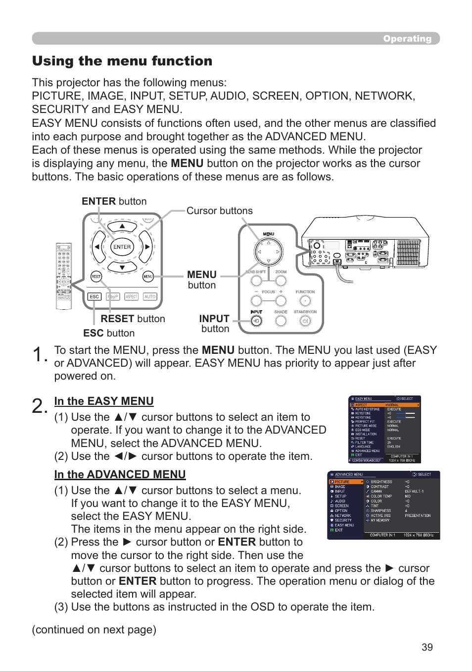 Using the menu function | Dukane Projector 976SX User Manual | Page 39 / 128