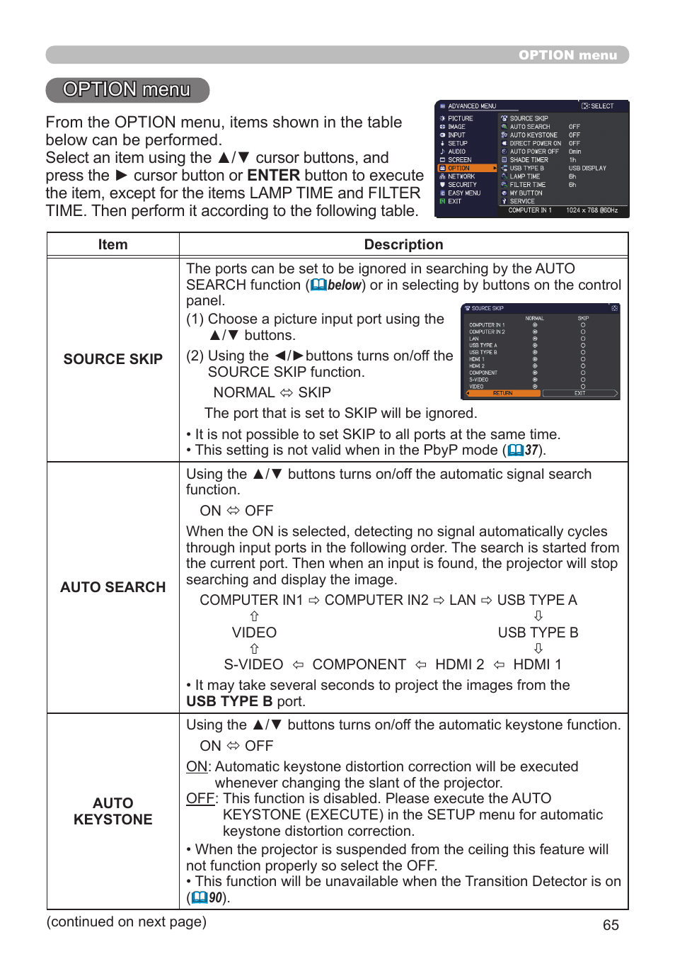 Option menu | Dukane Projector 976SX User Manual | Page 65 / 128