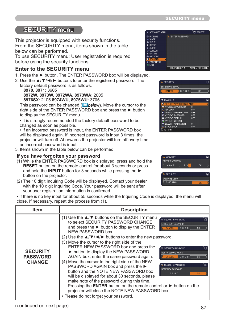 Security menu | Dukane Projector 976SX User Manual | Page 87 / 128