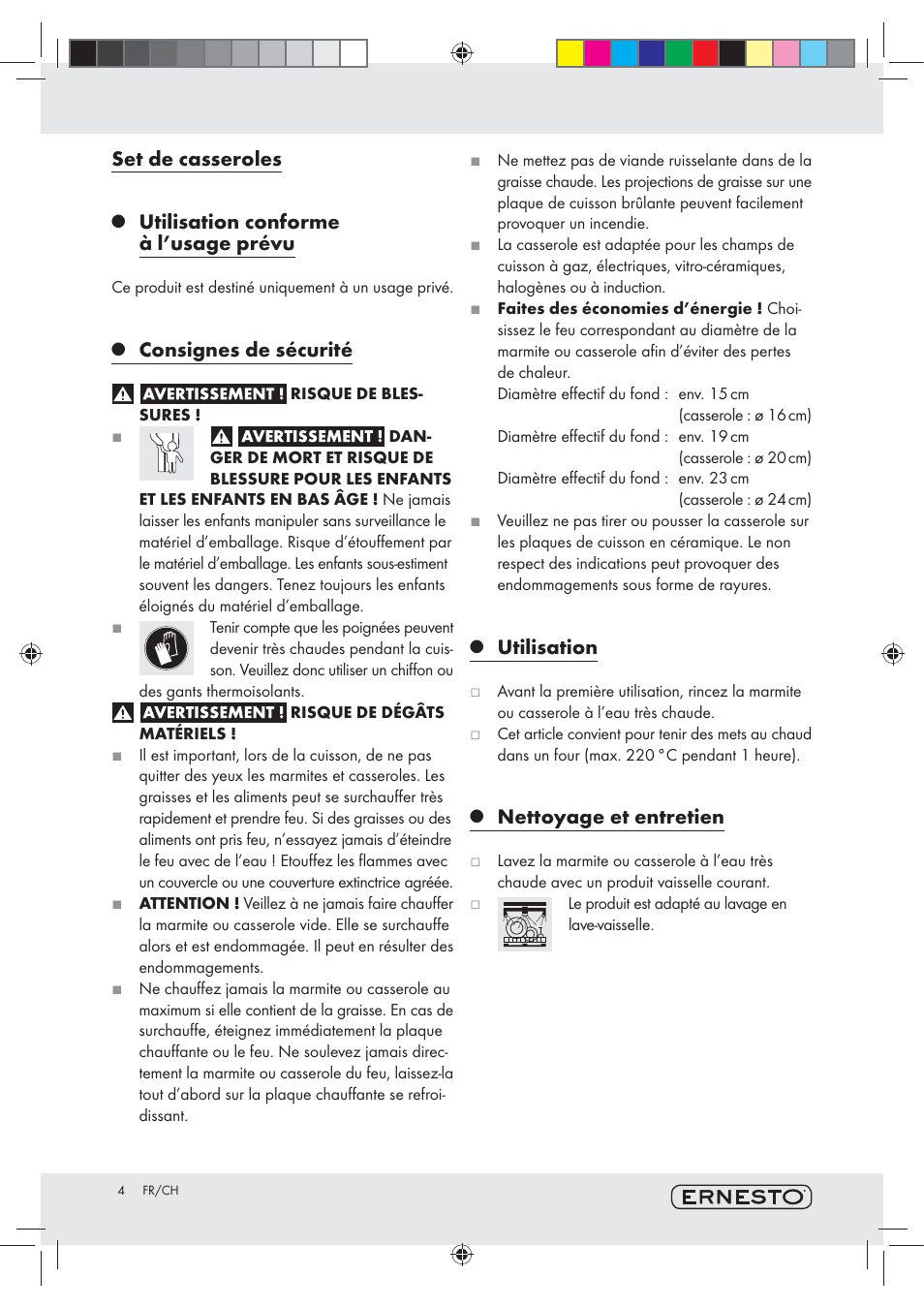 Set de casseroles, Utilisation conforme à l’usage prévu, Consignes de sécurité | Utilisation, Nettoyage et entretien | Ernesto Z29277 User Manual | Page 4 / 8