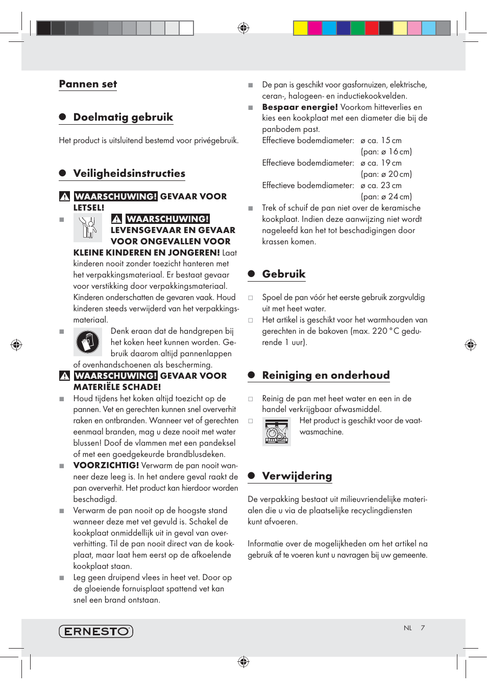 Pannen set, Doelmatig gebruik, Veiligheidsinstructies | Gebruik, Reiniging en onderhoud, Verwijdering | Ernesto Z29277 User Manual | Page 7 / 8