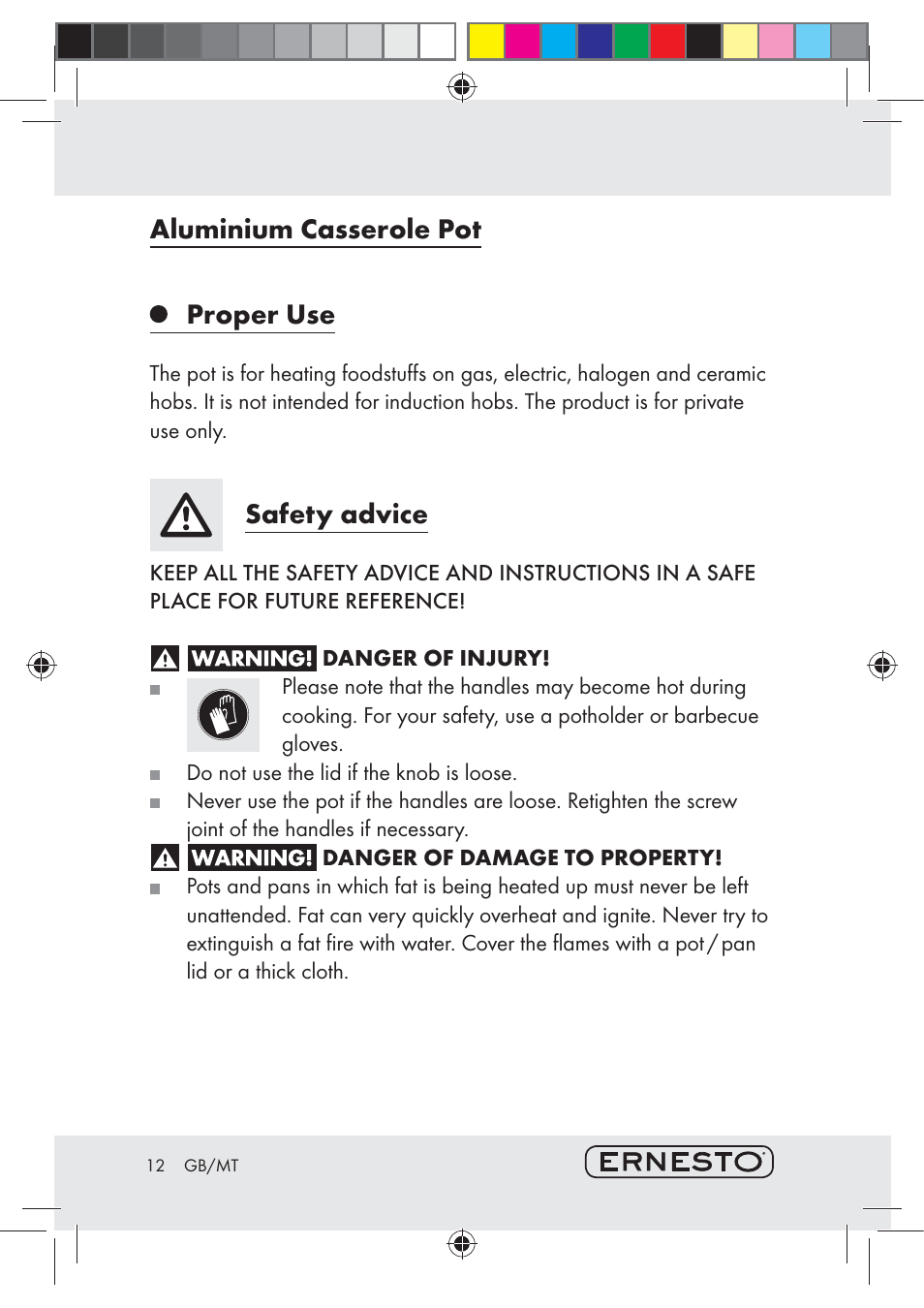 Aluminium casserole pot proper use, Safety advice | Ernesto H14270 User Manual | Page 12 / 18