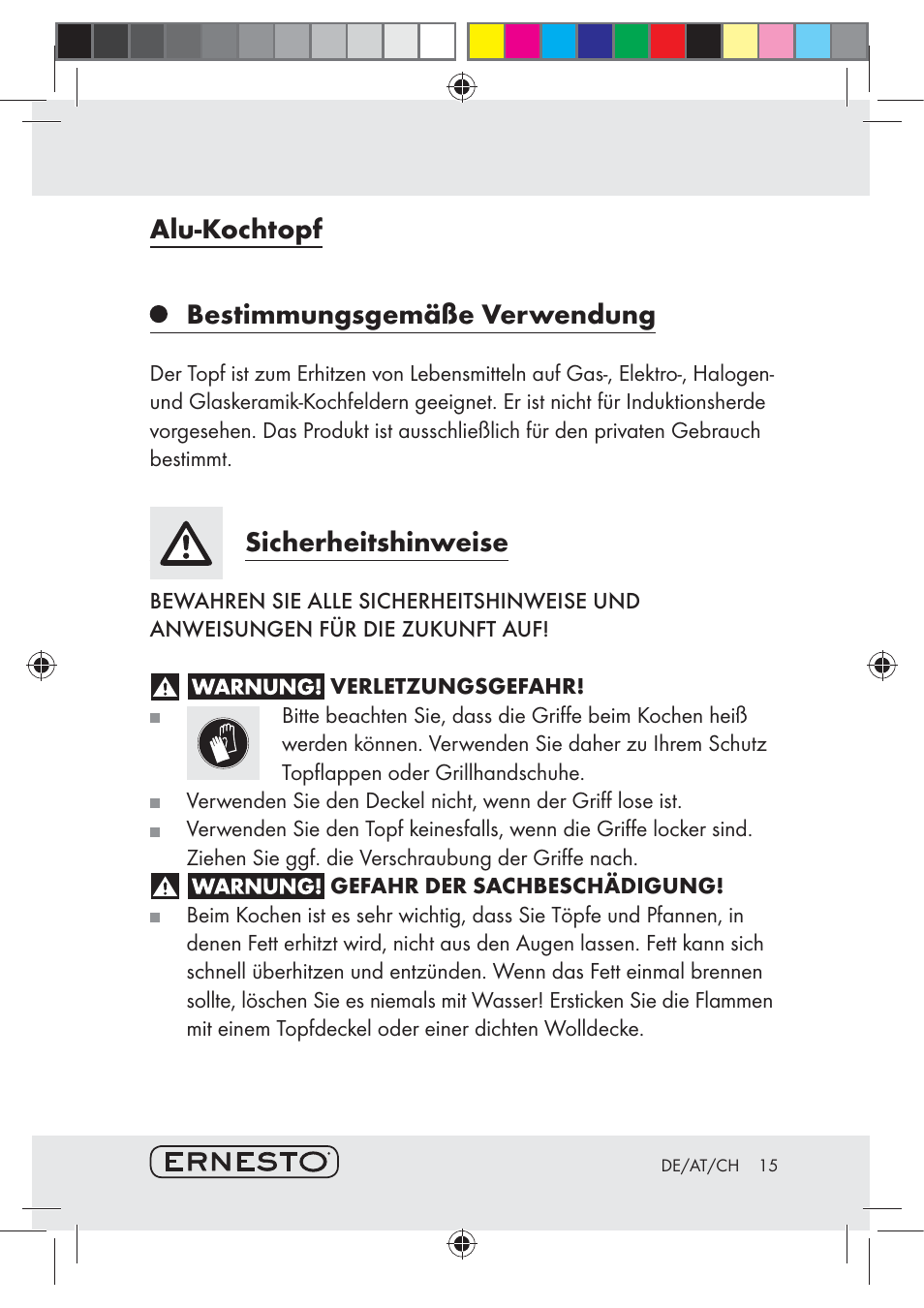 Alu-kochtopf bestimmungsgemäße verwendung, Sicherheitshinweise | Ernesto H14270 User Manual | Page 15 / 18