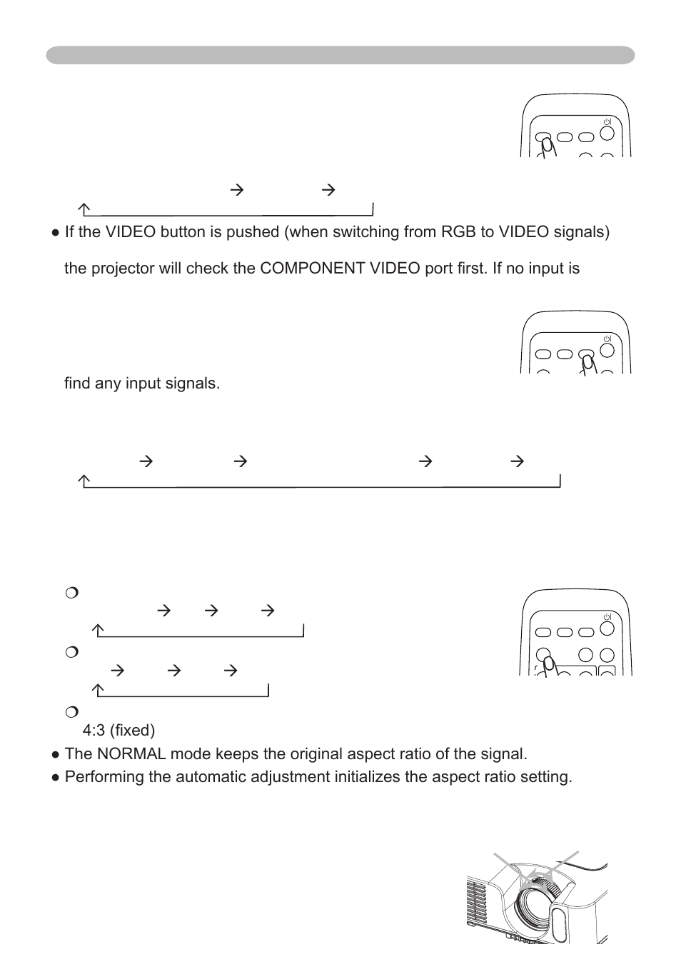 Adjusting the zoom and focus, Selecting an aspect ratio, Searching an input signal | Use the zoom ring to adjust the screen size, Use the focus ring to focus the picture, Selecting an input signal (continued), Zoom ring focus ring, Operating | Dukane 401-8755E-01 User Manual | Page 21 / 82