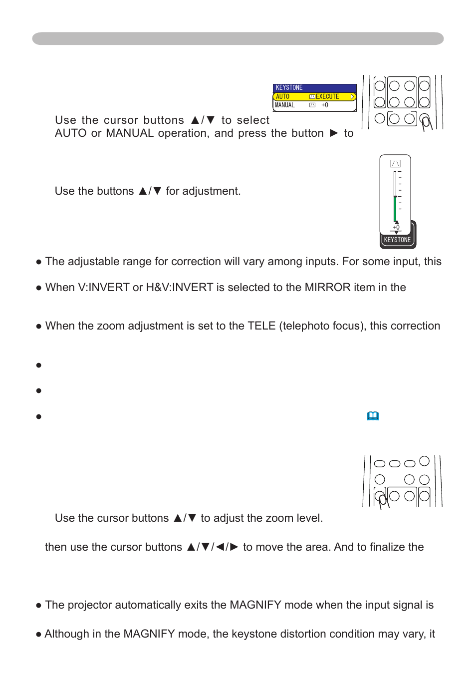 Using the magnify feature, Correcting the keystone distortions, Operating | Dukane 401-8755E-01 User Manual | Page 23 / 82