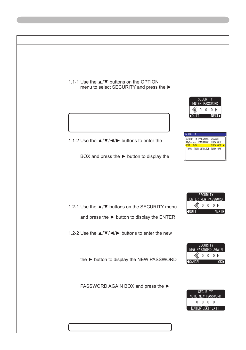 Using security features, Option menu (continued), 1 inputting the password | 2 changing the password | Dukane 401-8755E-01 User Manual | Page 46 / 82