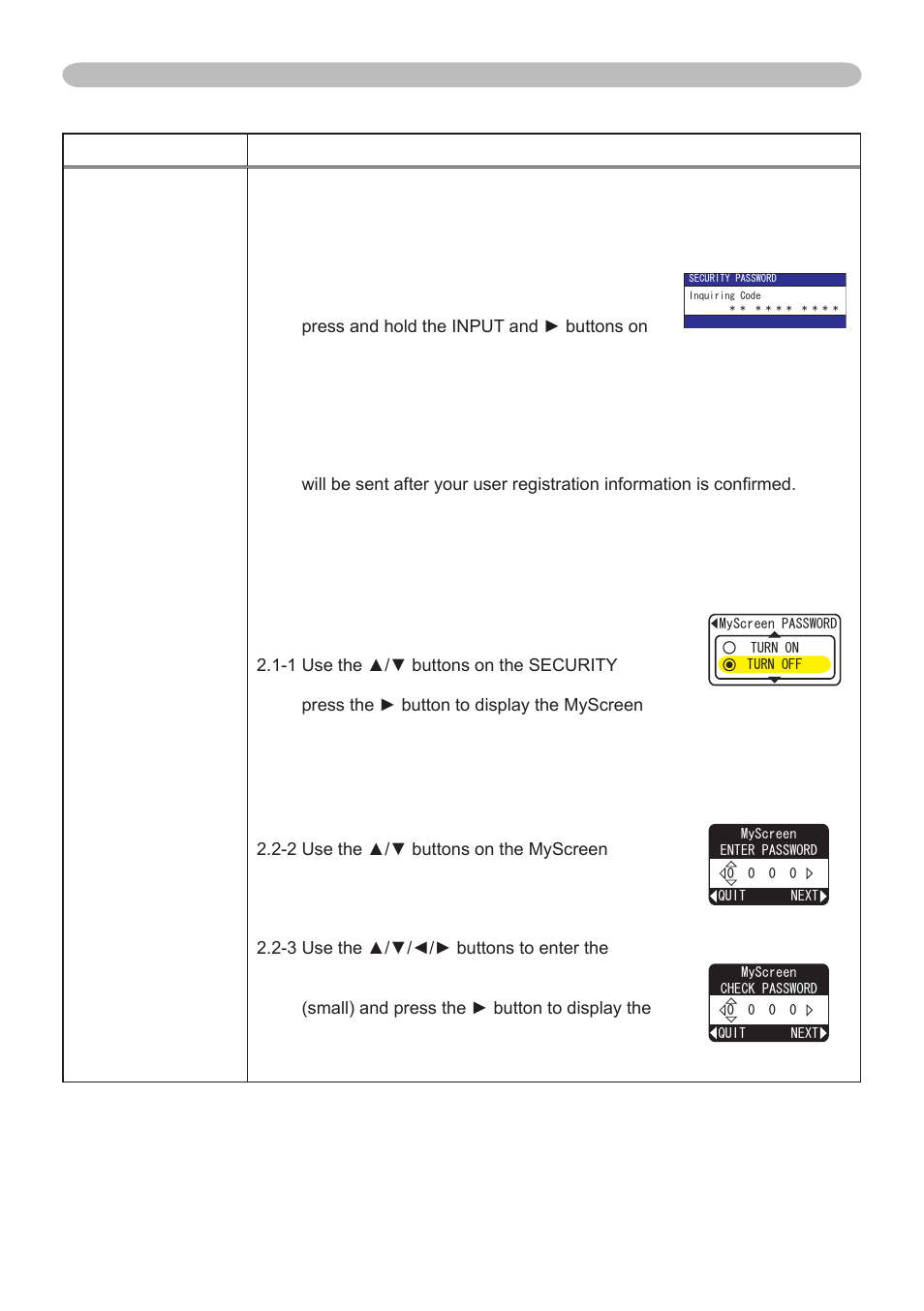 Using the myscreen password function, Password, Option menu (continued) | Dukane 401-8755E-01 User Manual | Page 47 / 82