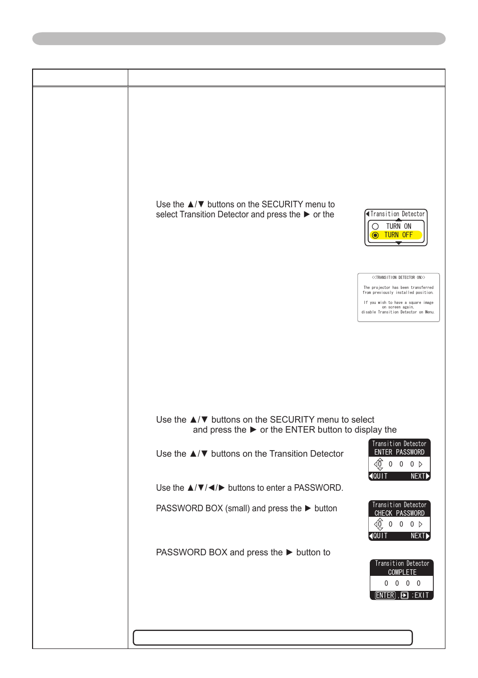 Using the transition detector function, Transition detector, Option menu (continued) | 48 item description security, 1 turning on the, Function, 2 setting the, Password | Dukane 401-8755E-01 User Manual | Page 50 / 82