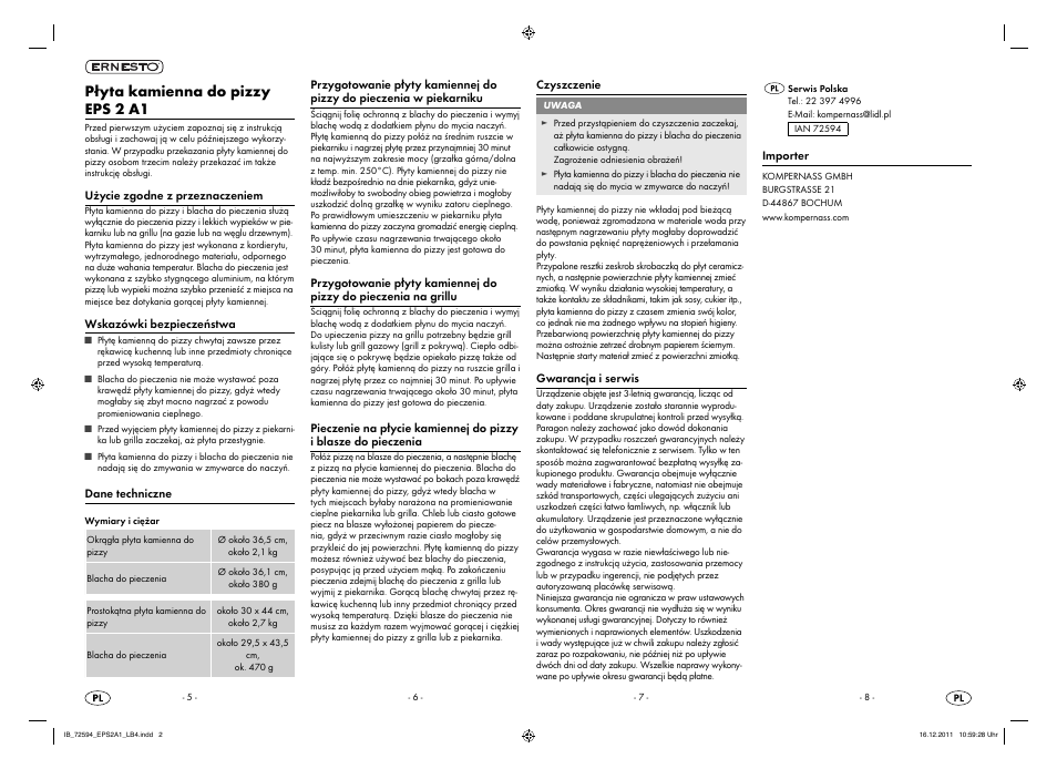Płyta kamienna do pizzy eps 2 a1 | Ernesto EPS 2 A1 User Manual | Page 2 / 7