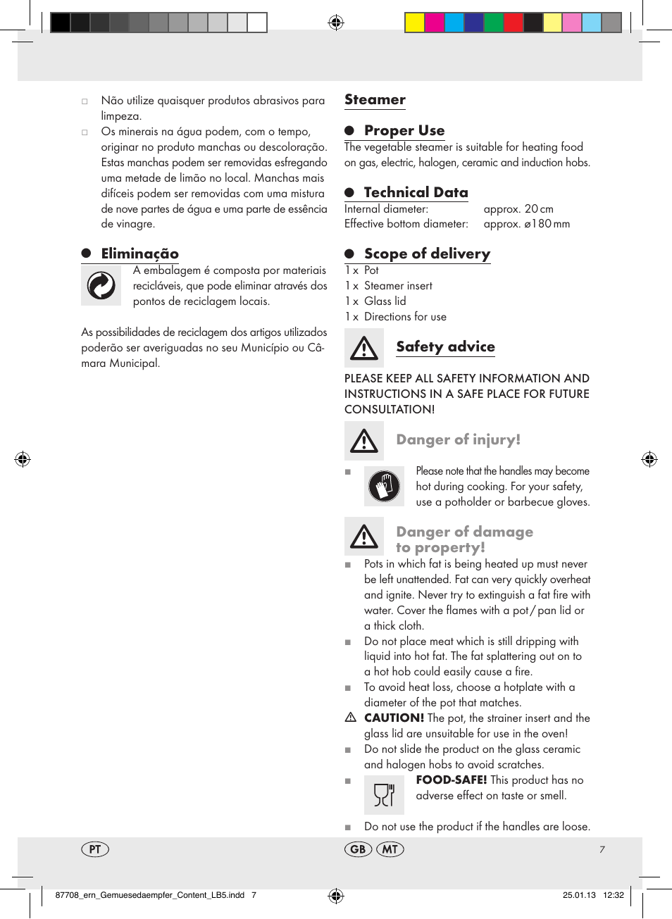 Steamer, Proper use, Technical data | Scope of delivery, Safety advice, Danger of injury, Danger of damage to property, Eliminação | Ernesto Z22733 User Manual | Page 7 / 10