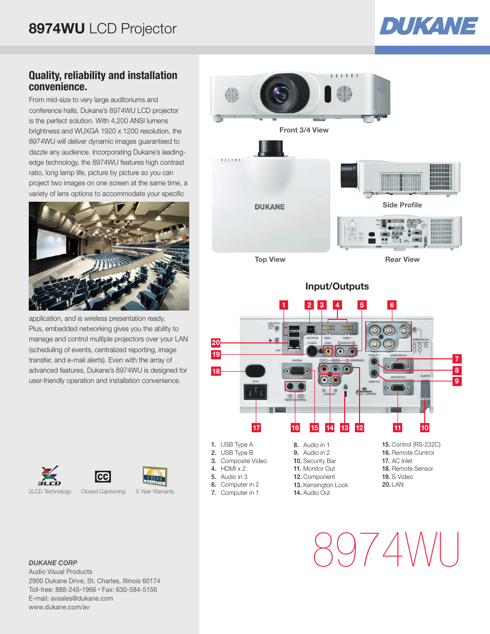 8974wu, 8974wu lcd projector, Quality, reliability and installation convenience | Dukane LCD Projector 8974WU User Manual | Page 3 / 4