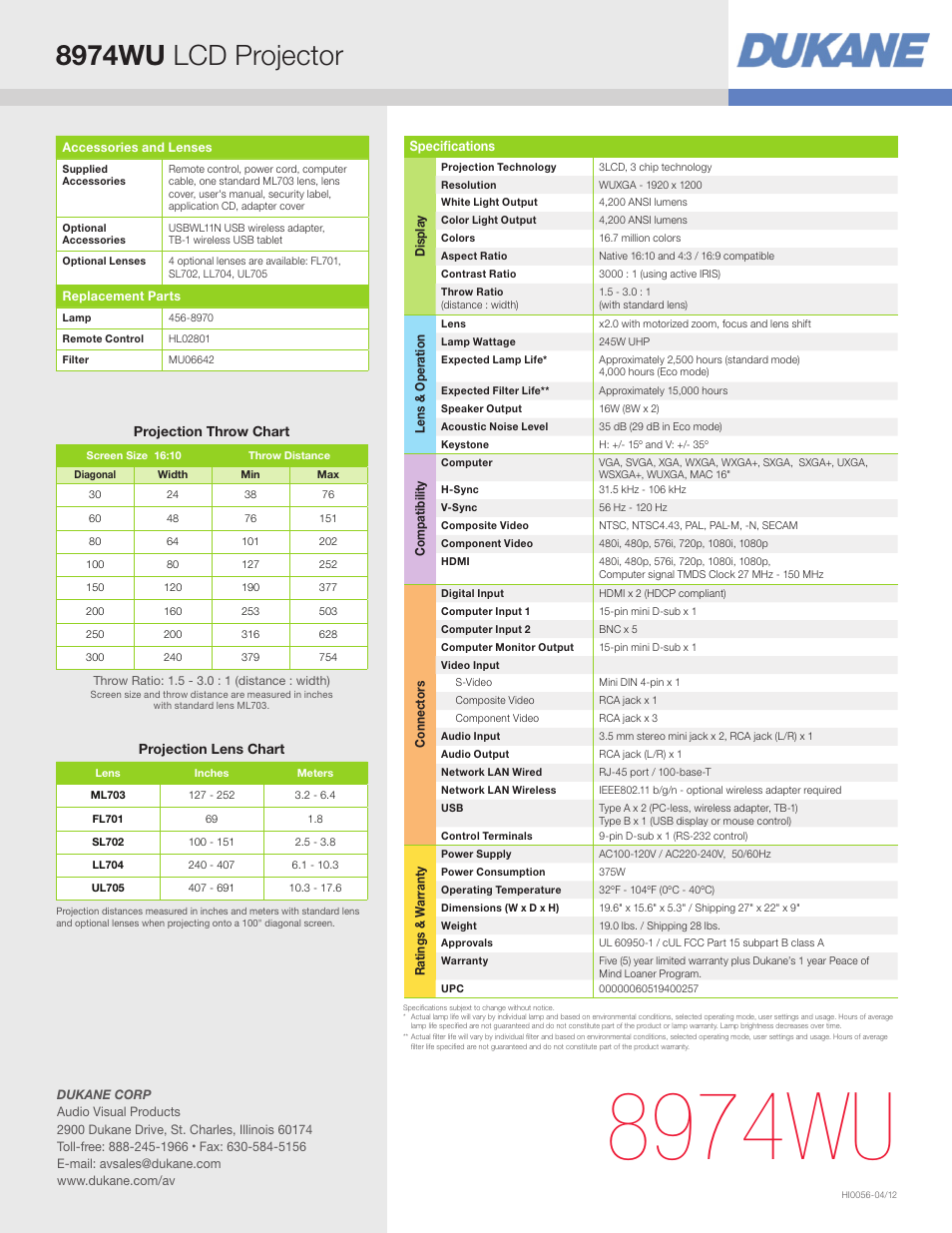 8974wu, 8974wu lcd projector | Dukane LCD Projector 8974WU User Manual | Page 4 / 4