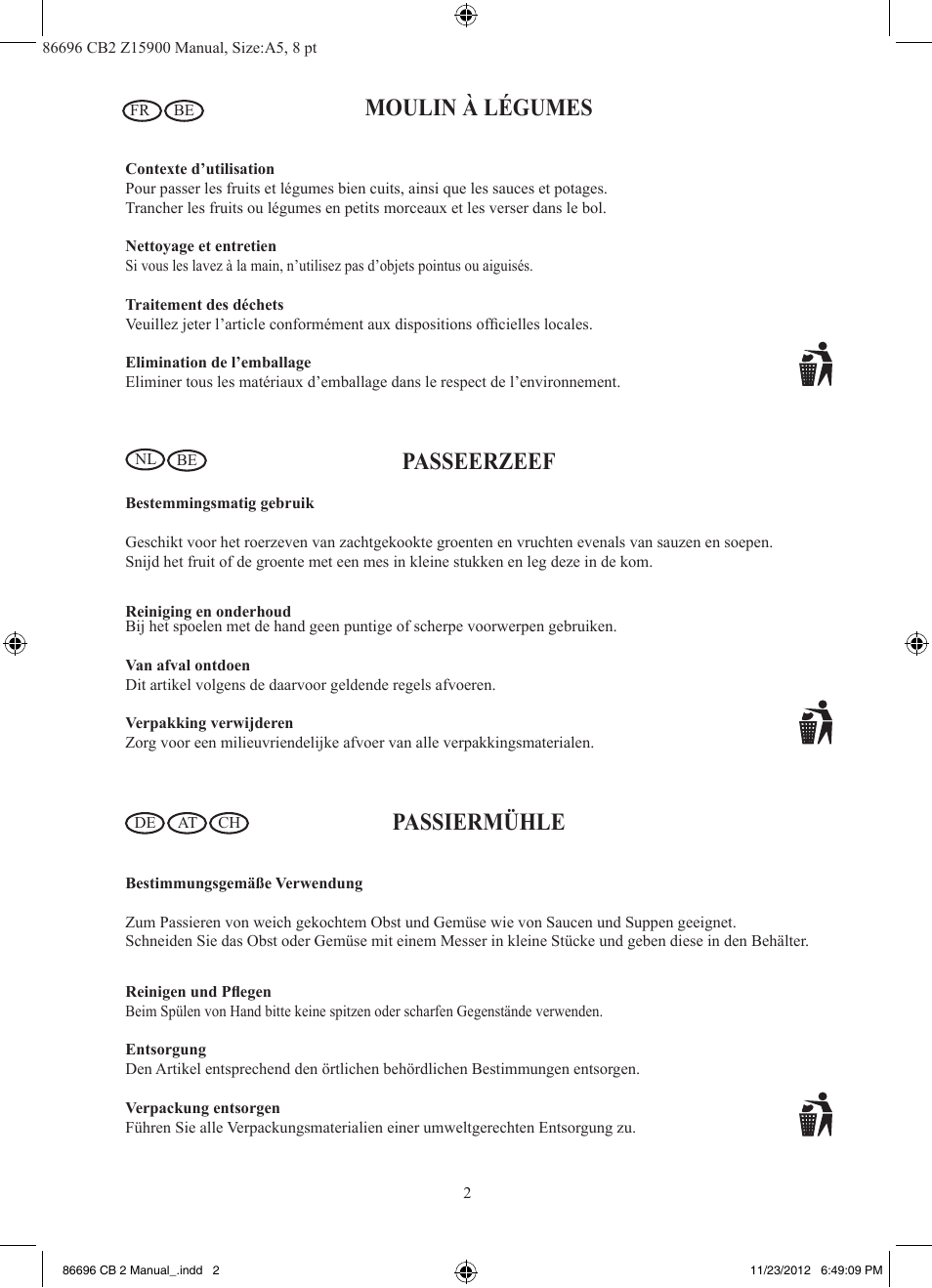 Moulin à légumes, Passeerzeef, Passiermühle | Ernesto Z15900 User Manual | Page 3 / 4