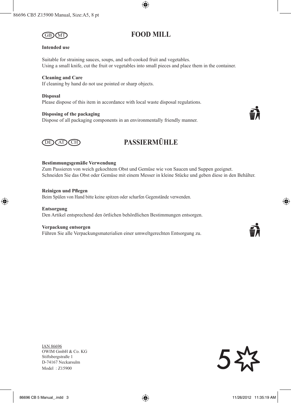 Food mill, Passiermühle | Ernesto Z15900 User Manual | Page 4 / 4