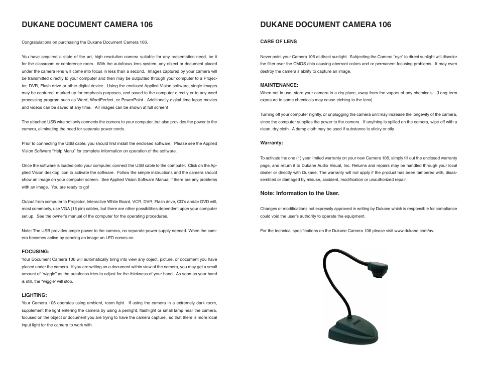 Dukane document camera 106 | Dukane 106 User Manual | Page 2 / 2